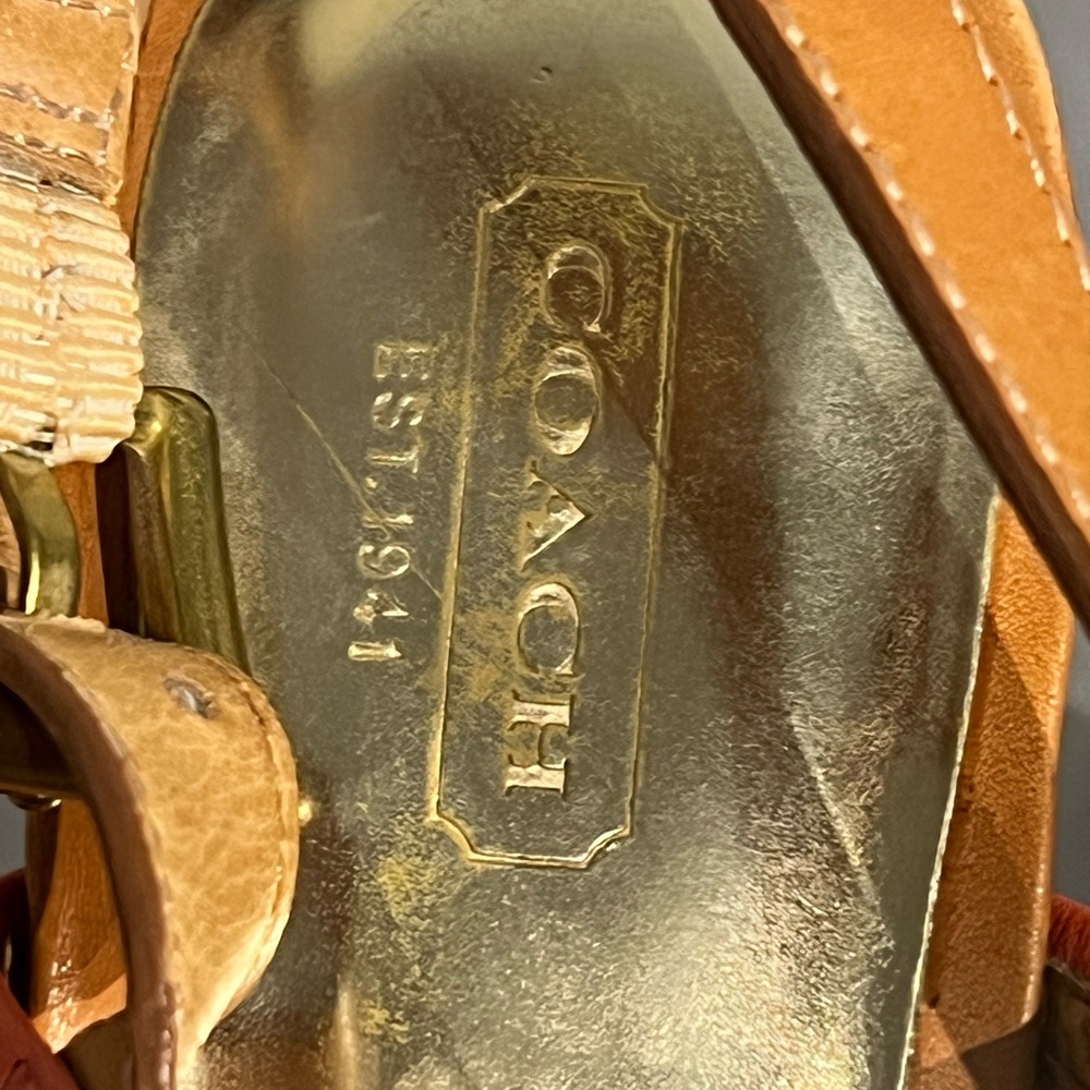 Coach Tan and Orange Leather Tassel Wedge Sandals - Picture 2 of 16